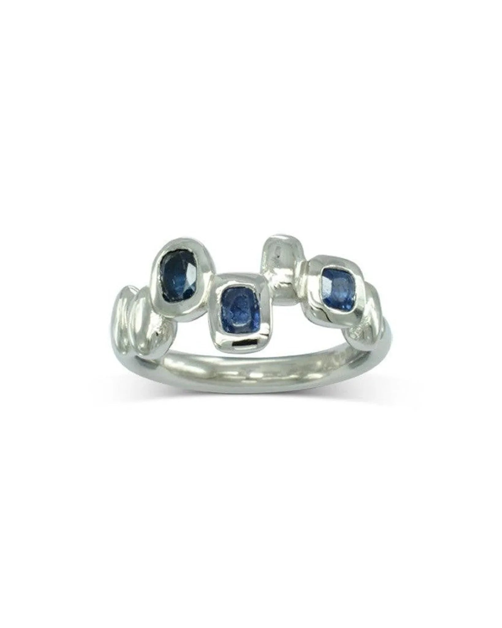 9ct gold half eternity ring with organic bezel-set blue sapphires on white background