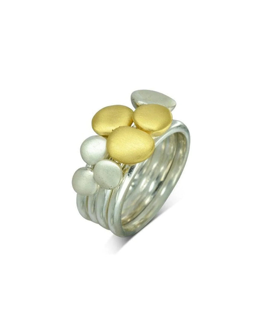 Matte gold and silver pebble stacking ring set with organic shapes
