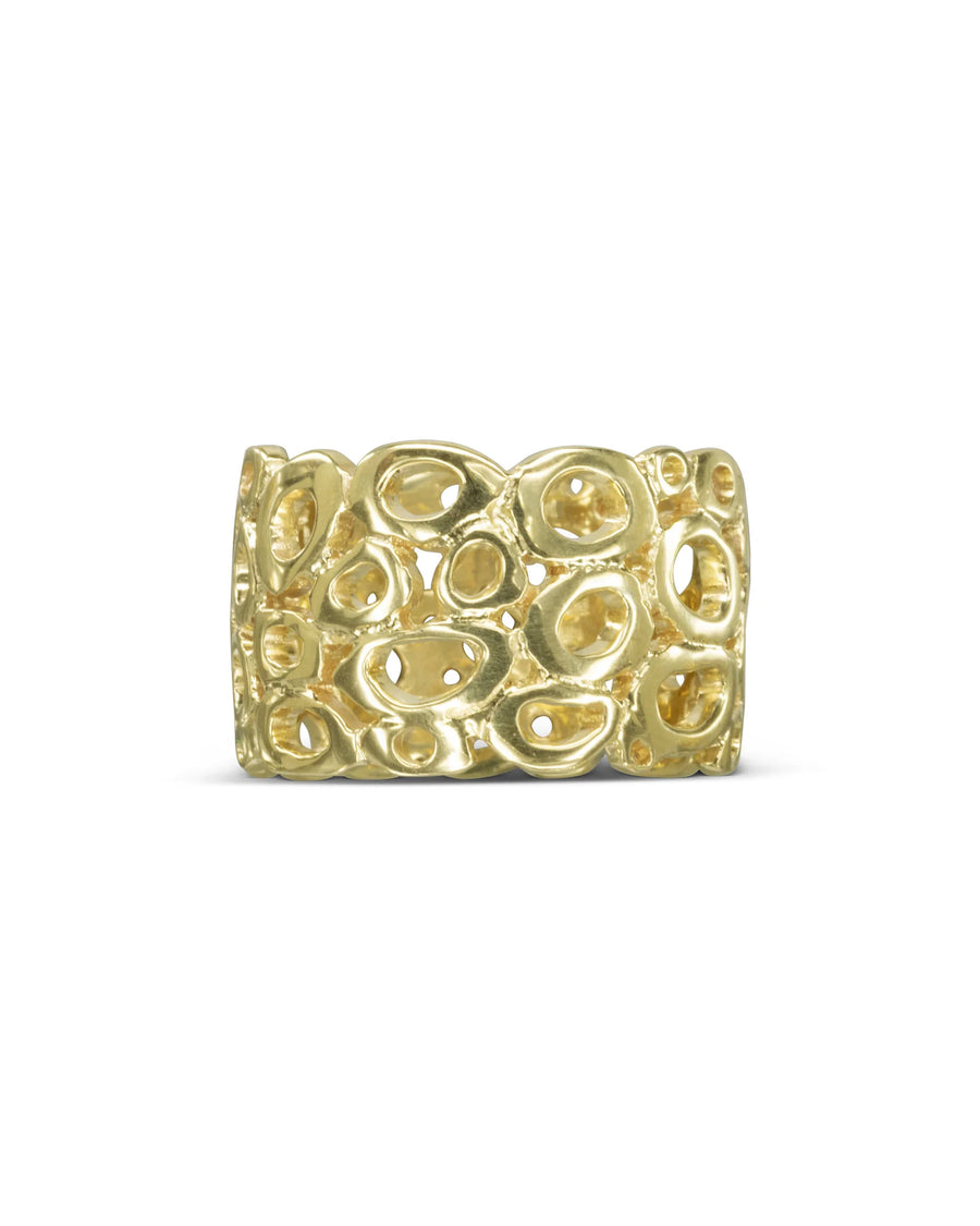 9ct yellow gold pebble wedding ring, 15mm wide, with an organic openwork design.