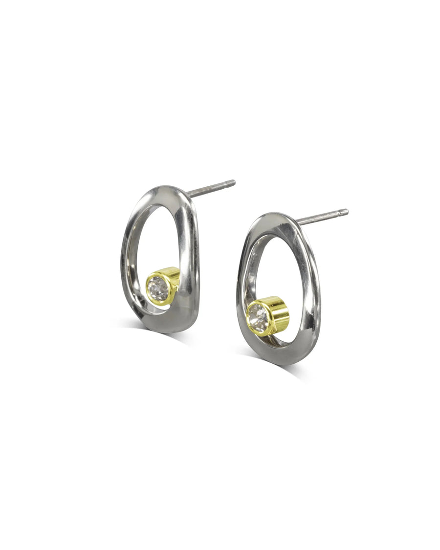 freeform Pebble With Hole Silver Diamond Stud Earrings - Pruden and Smith