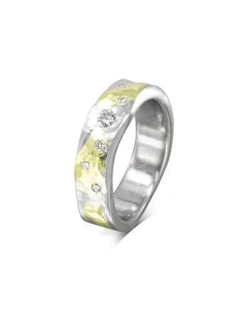 Side Hammered Mixed Metal Gold Diamond Ring Ring Pruden and Smith 9ct White and Yellow Gold  