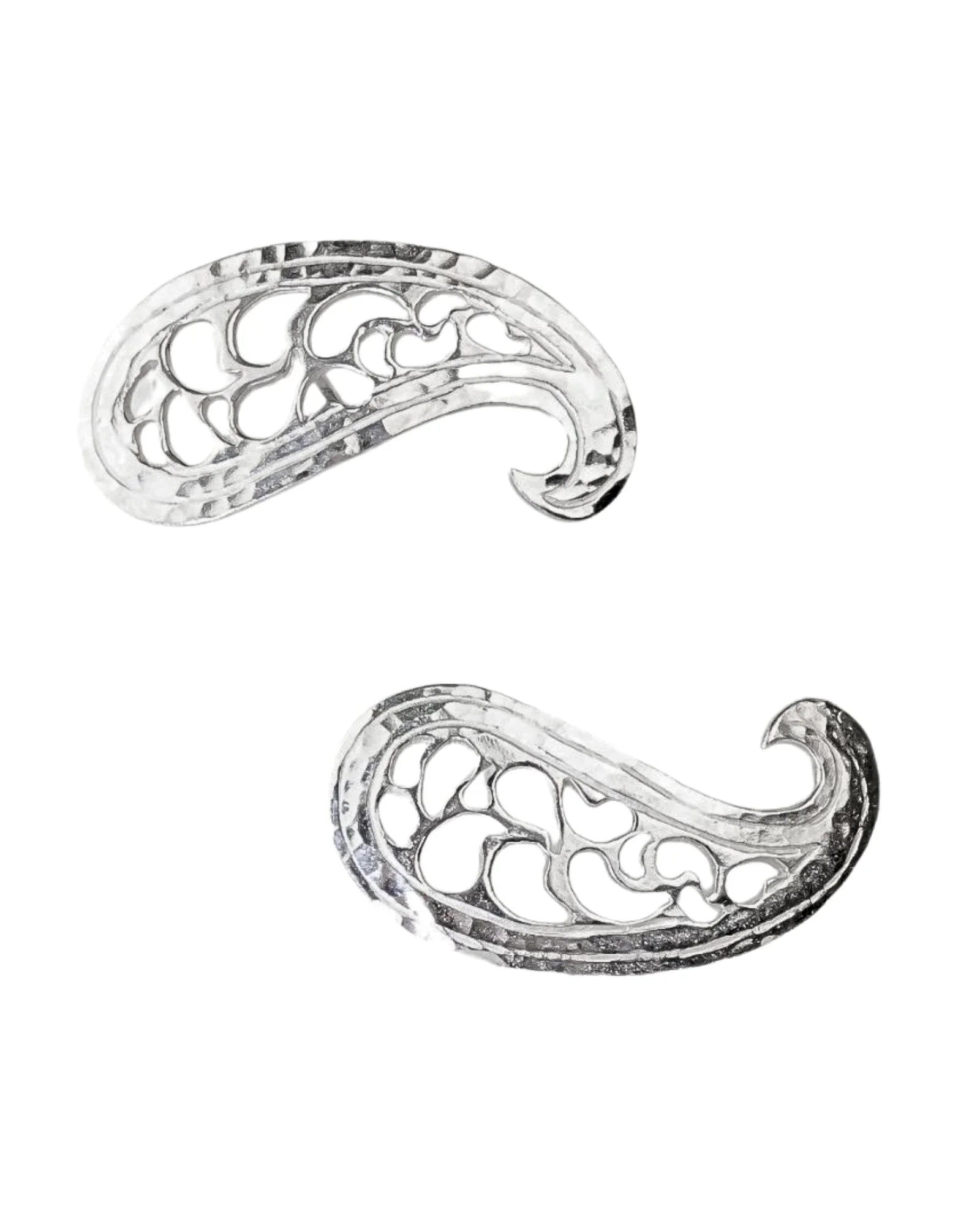 Handmade silver paisley stud earrings with intricate pierced details