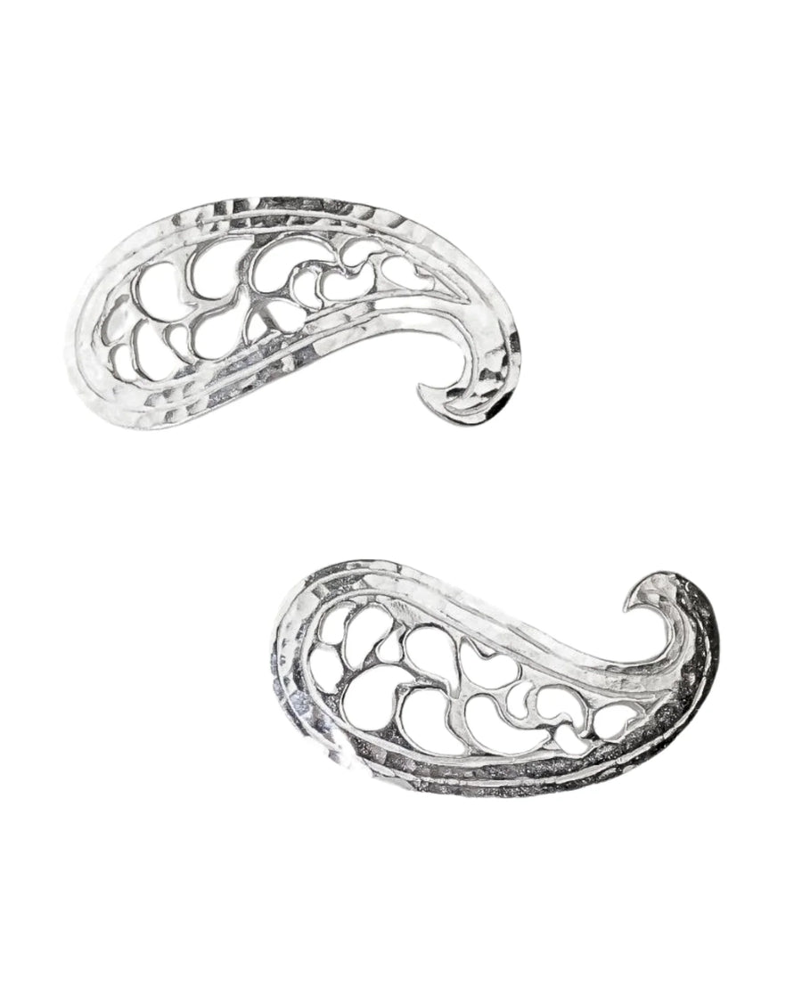 Handmade silver paisley stud earrings with intricate pierced details