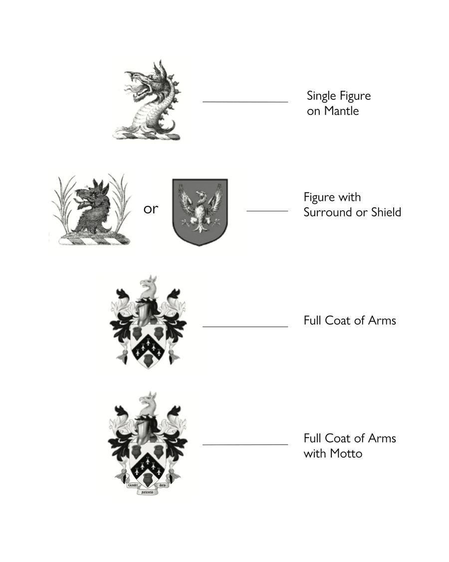 Four black and white family crest options, including crest figures, shields, and coat of arms.