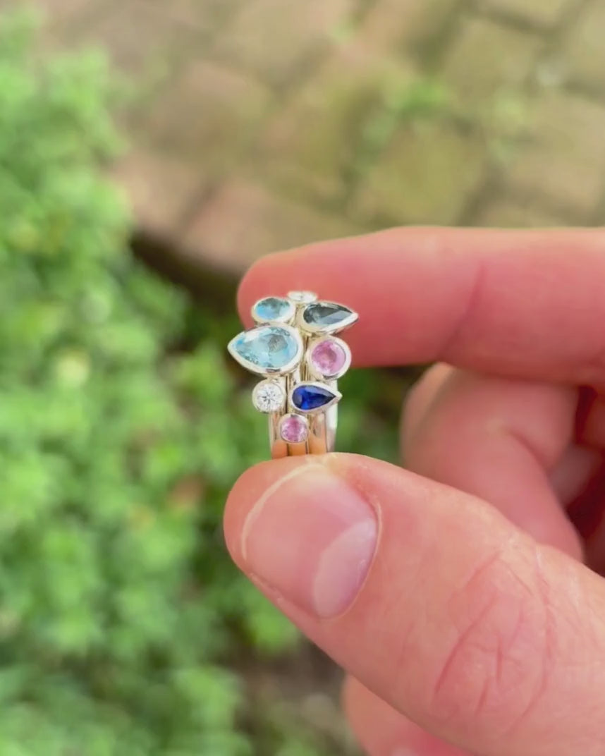 Multi-Coloured Aquamarine and Sapphire Pear Stacking Ring Set