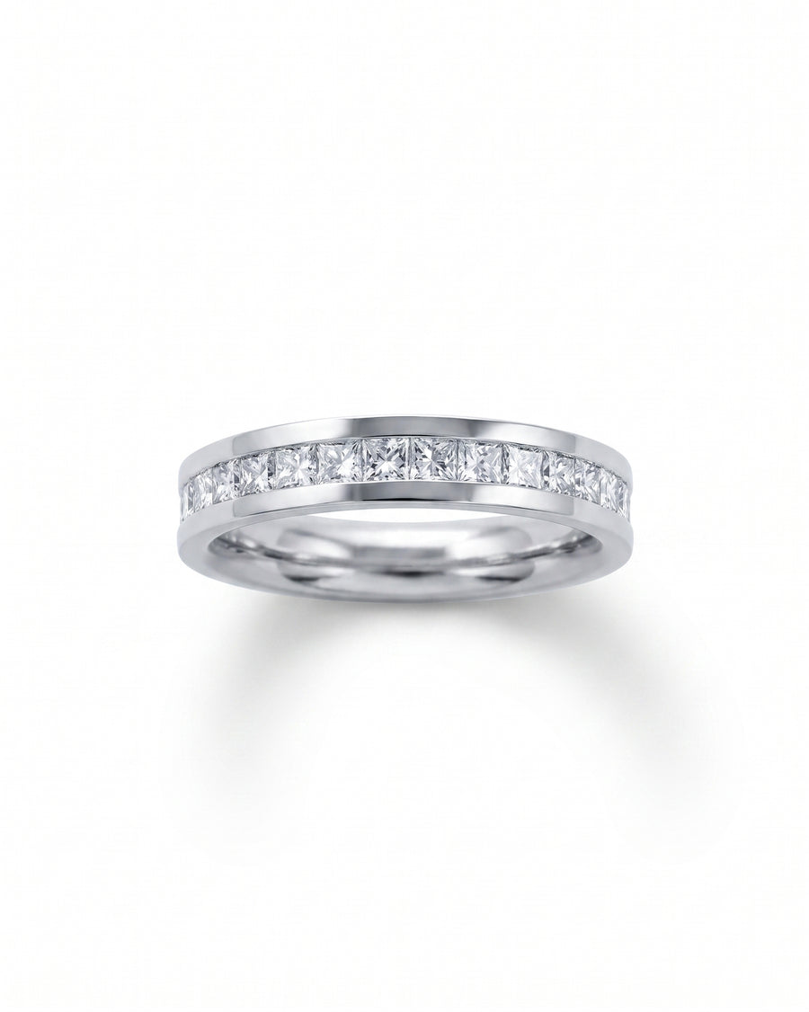 Silver princess cut channel set diamond eternity ring.