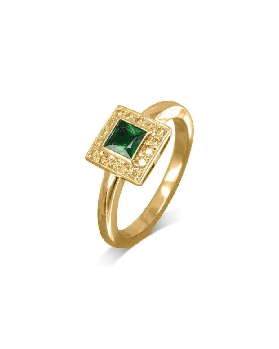 18ct yellow gold ring with a princess cut emerald and diamond cluster.