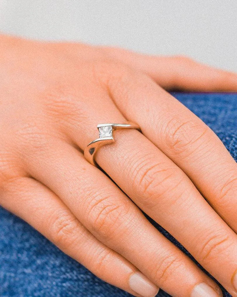 Princess Cut Diamond Gold Flat Twist Ring Pruden and Smith on Model