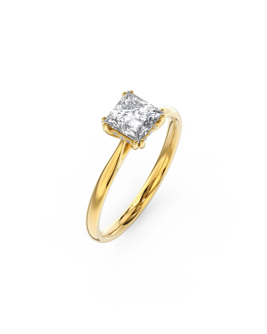 Handcrafted yellow gold ring with a square-cut diamond, luxury bespoke jewellery
