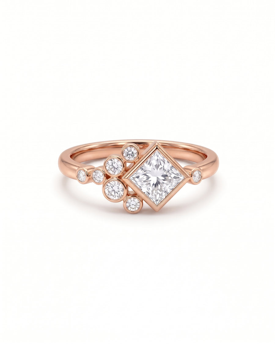 Princess Cut Rocky Water Bubbles Engagement Ring