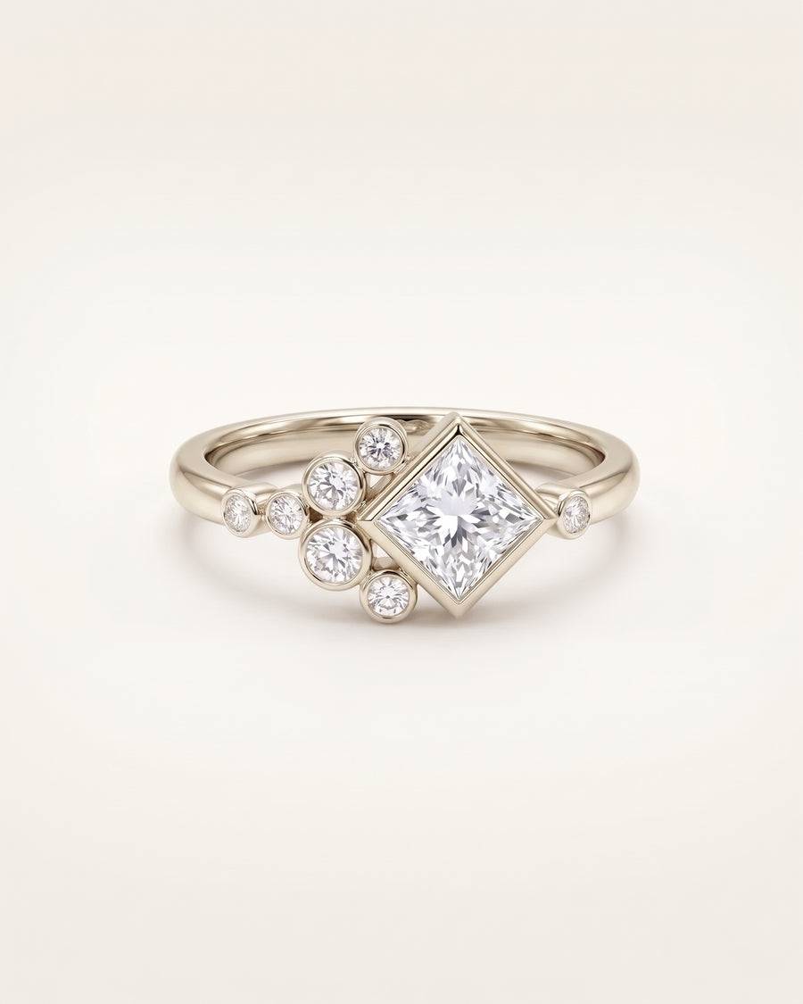 Princess Cut Rocky Water Bubbles Engagement Ring