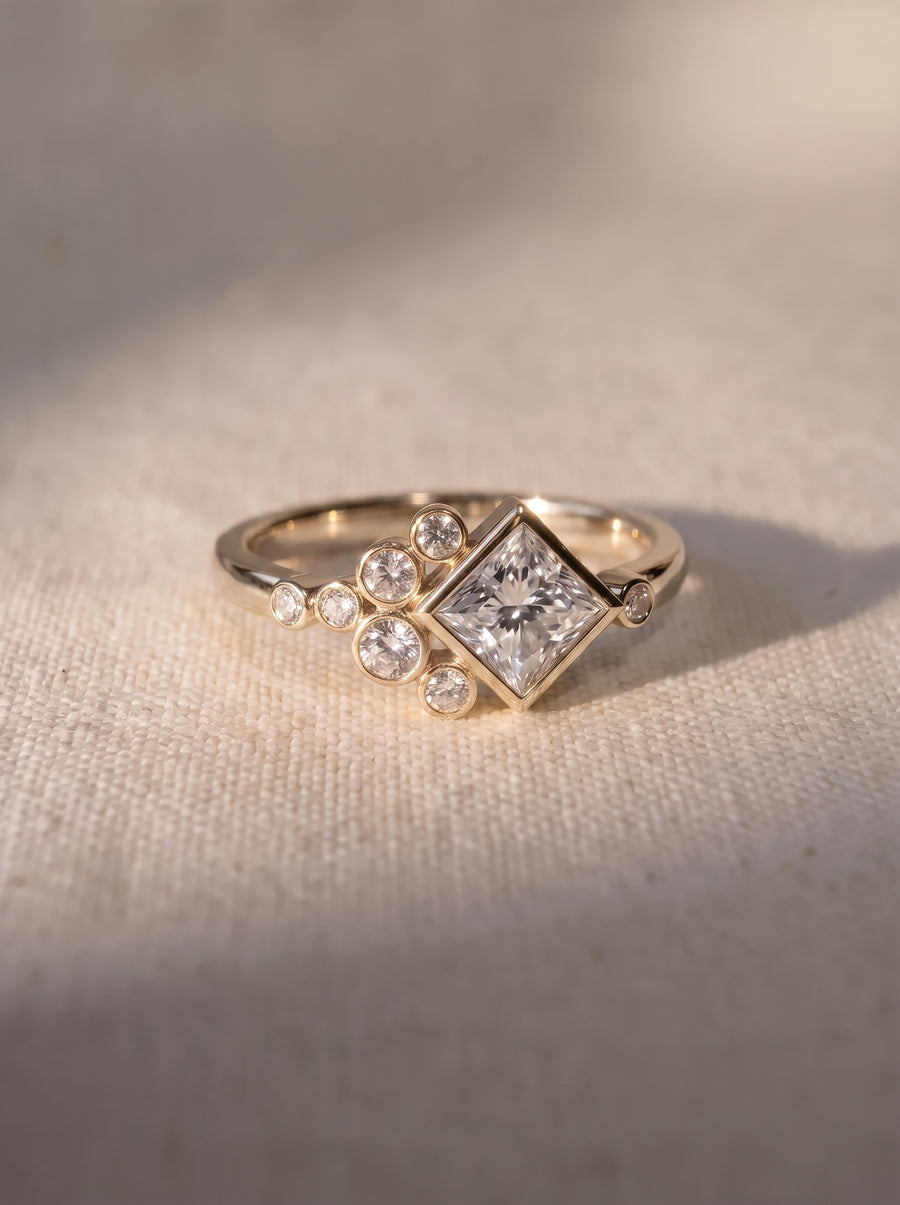 Princess Cut Rocky Water Bubbles Engagement Ring