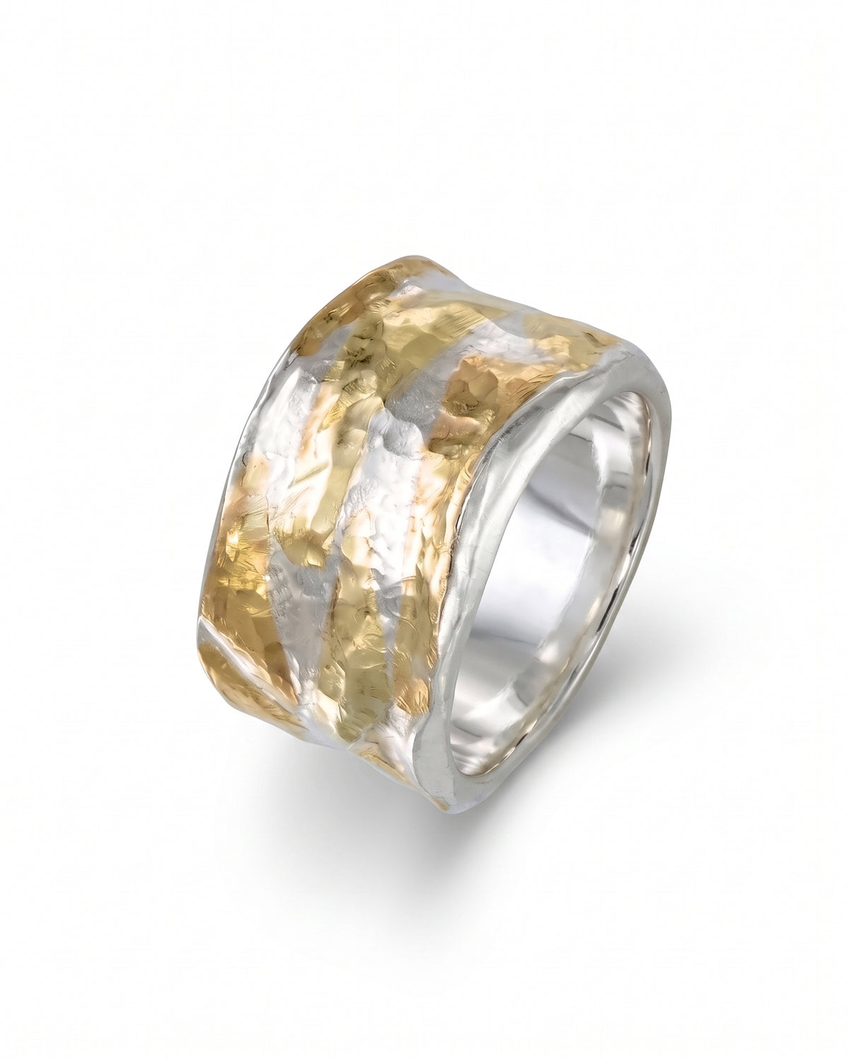 Wide band ring featuring a hammered texture with alternating gold and silver metallic finishes.
