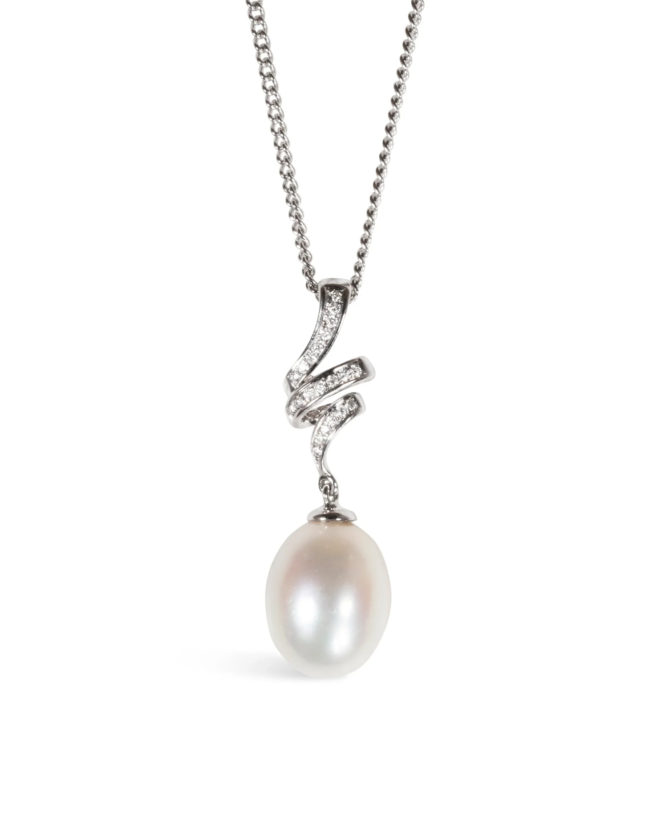 White gold pendant necklace with a diamond swirl and a single oval pearl drop