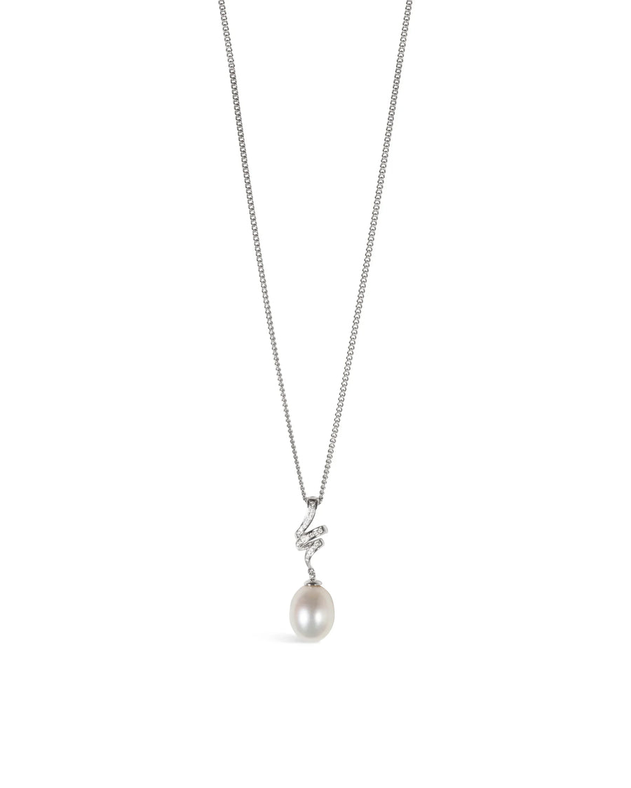 White gold necklace with a curling diamond bail and a single drop pearl pendant