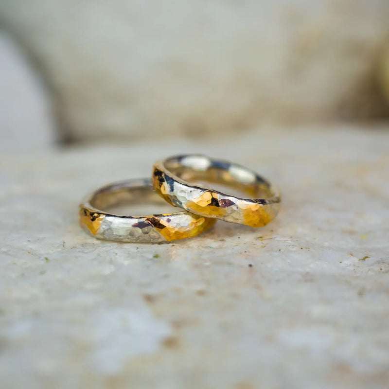 Two silver and gold wedding rings