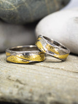 Two tone hammered wedding rings