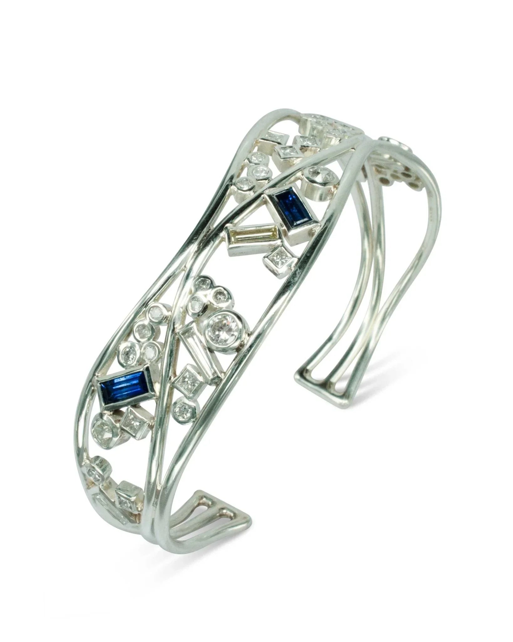 Handmade silver cuff bangle with baguette sapphires and round diamonds, open design