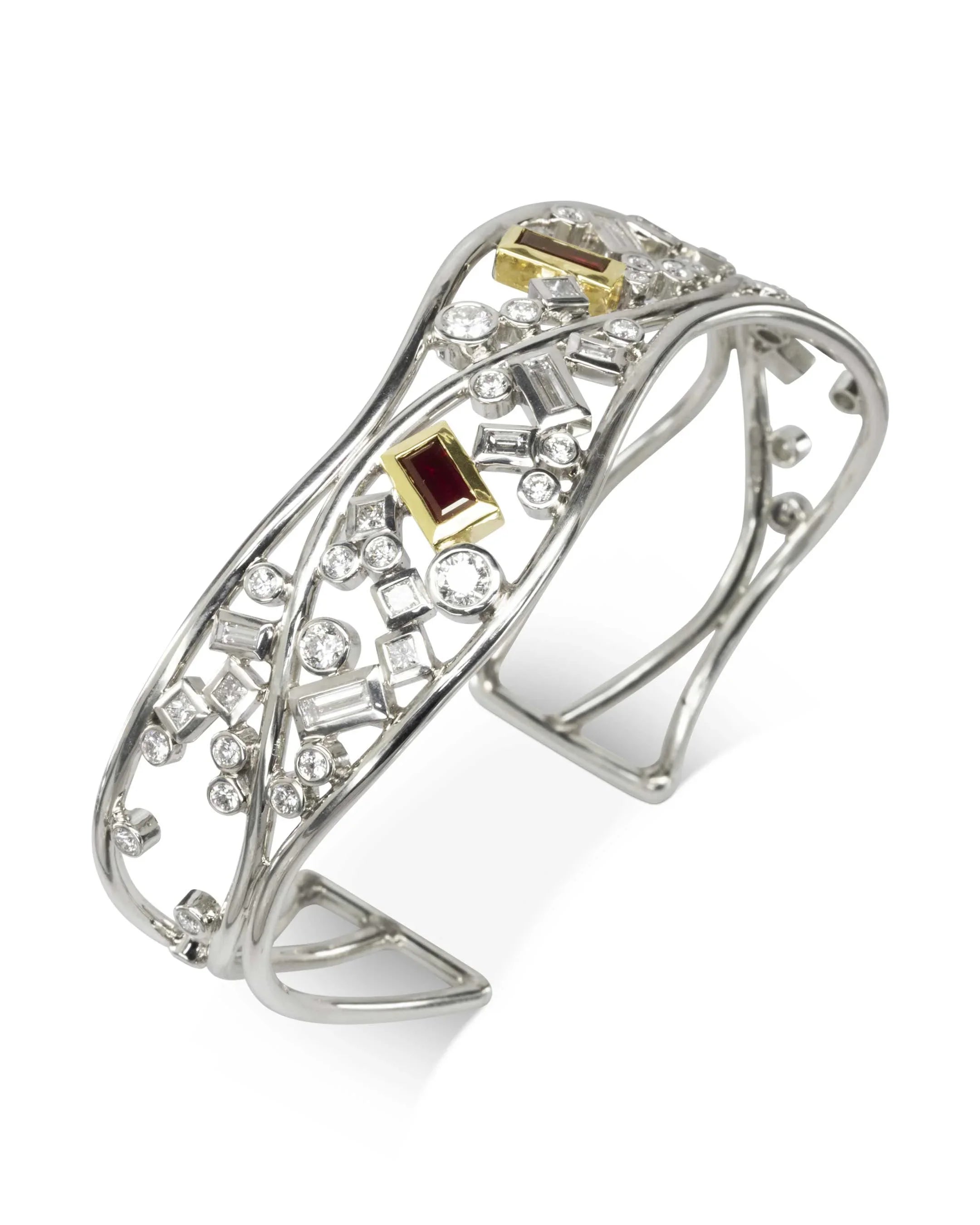 Bespoke Ruby and Diamond Baguette Cuff Bangle Pruden and Smith