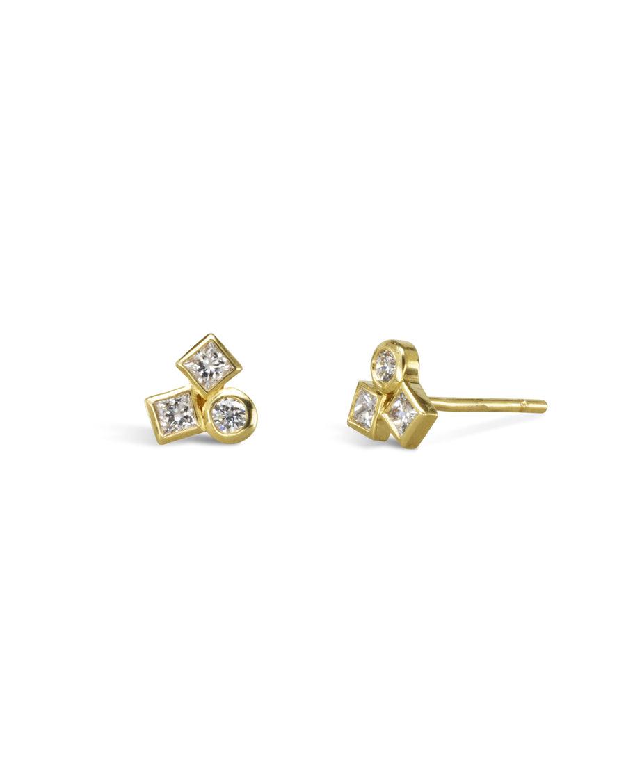 9ct yellow gold stud earrings with three bezel-set diamonds in square and round shapes.
