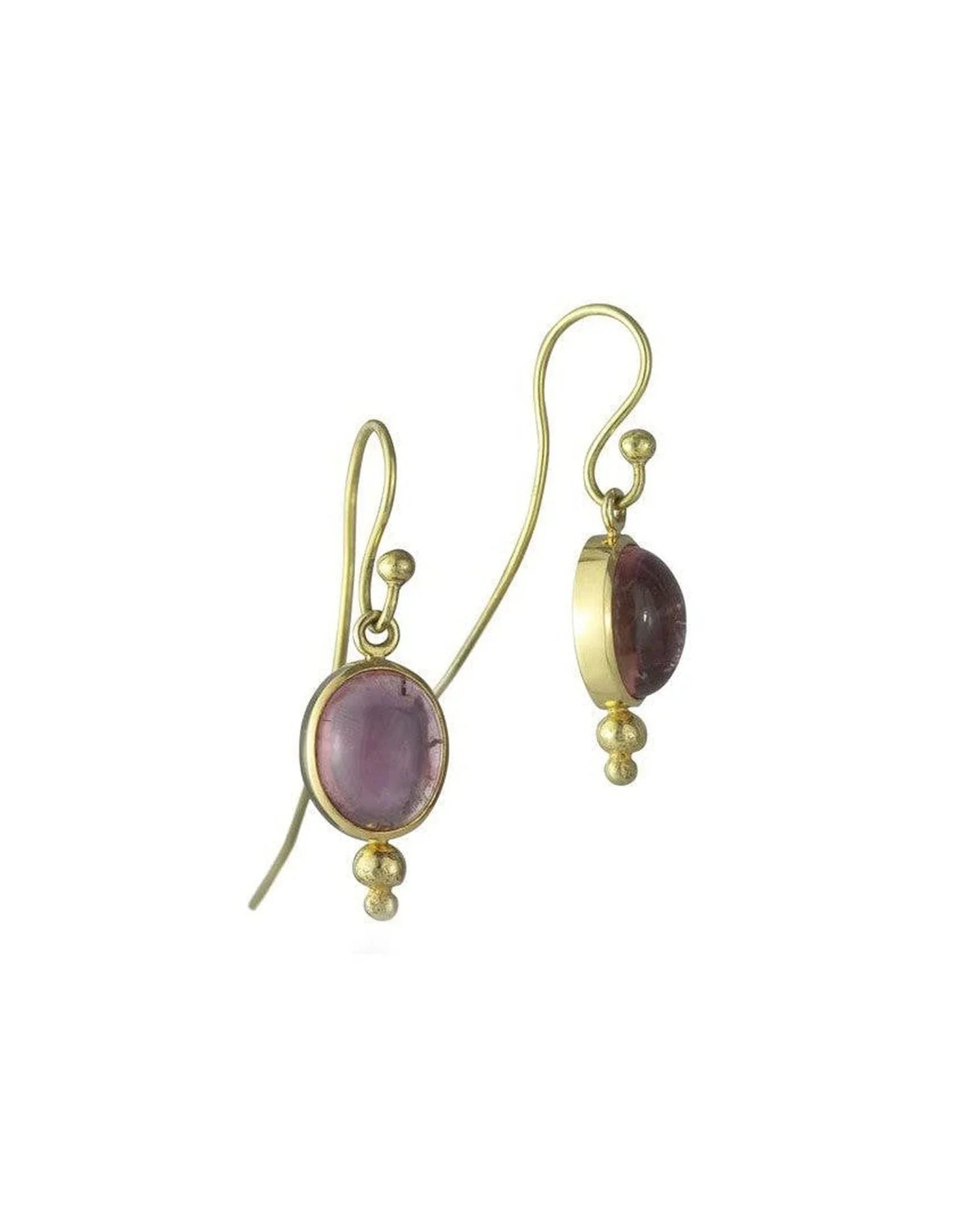 9ct yellow gold drop earrings with oval pink tourmaline cabochons and gold bead accents.