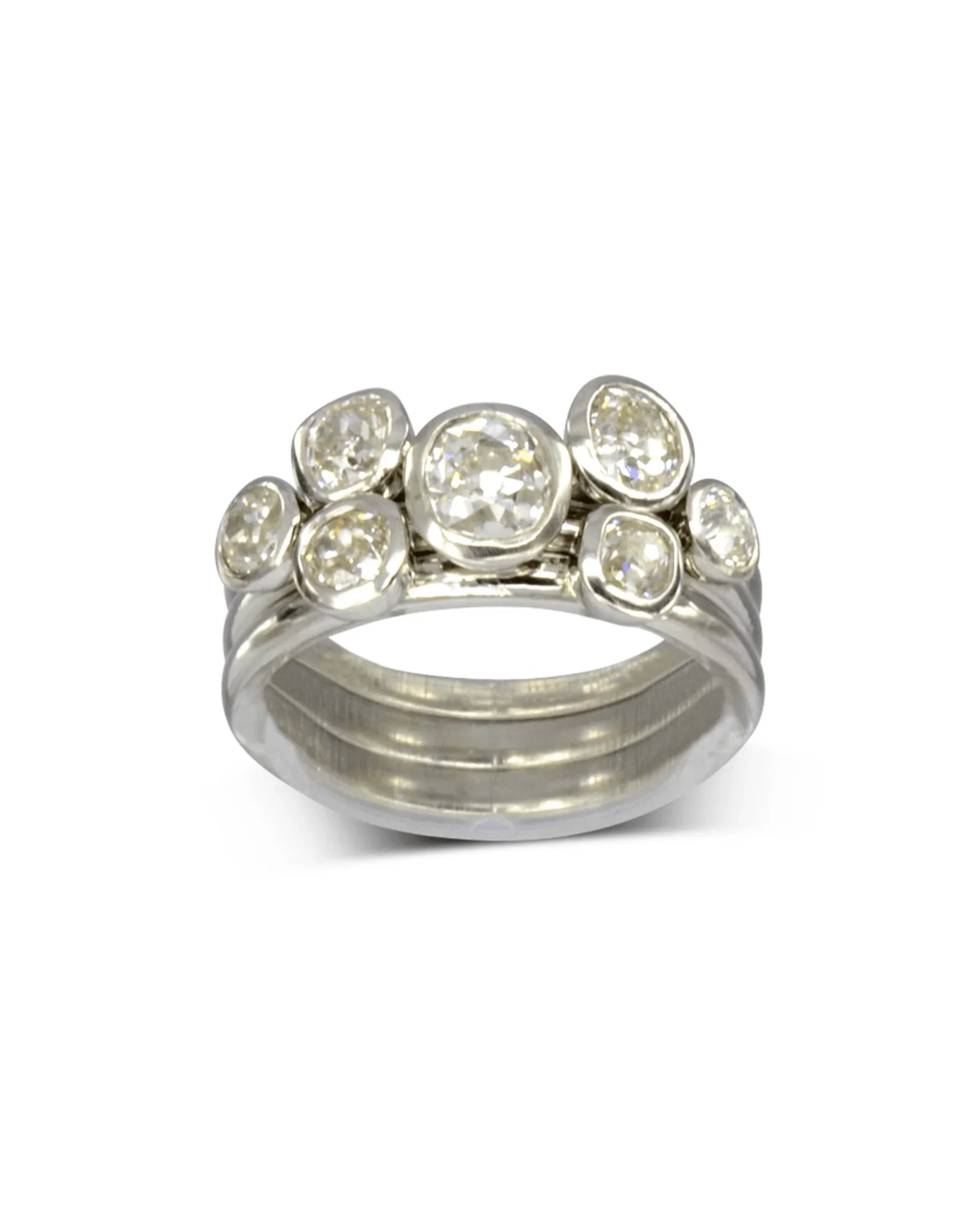 rose cut diamond stacking ring set in white gold, featuring round clustered diamonds