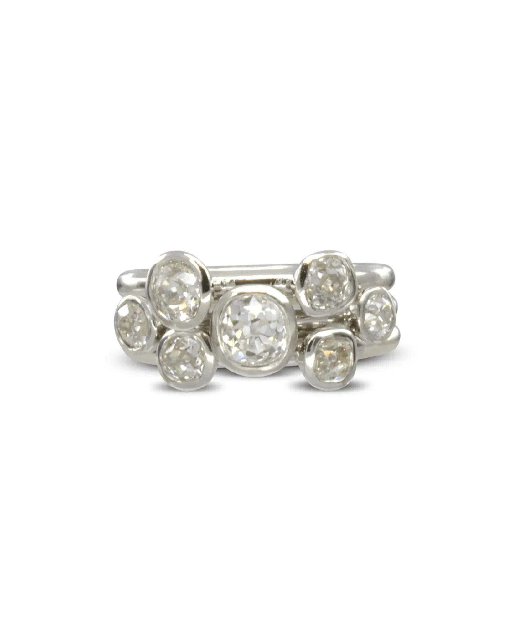 rose cut diamond stacking ring set in white metal with organic clustered design