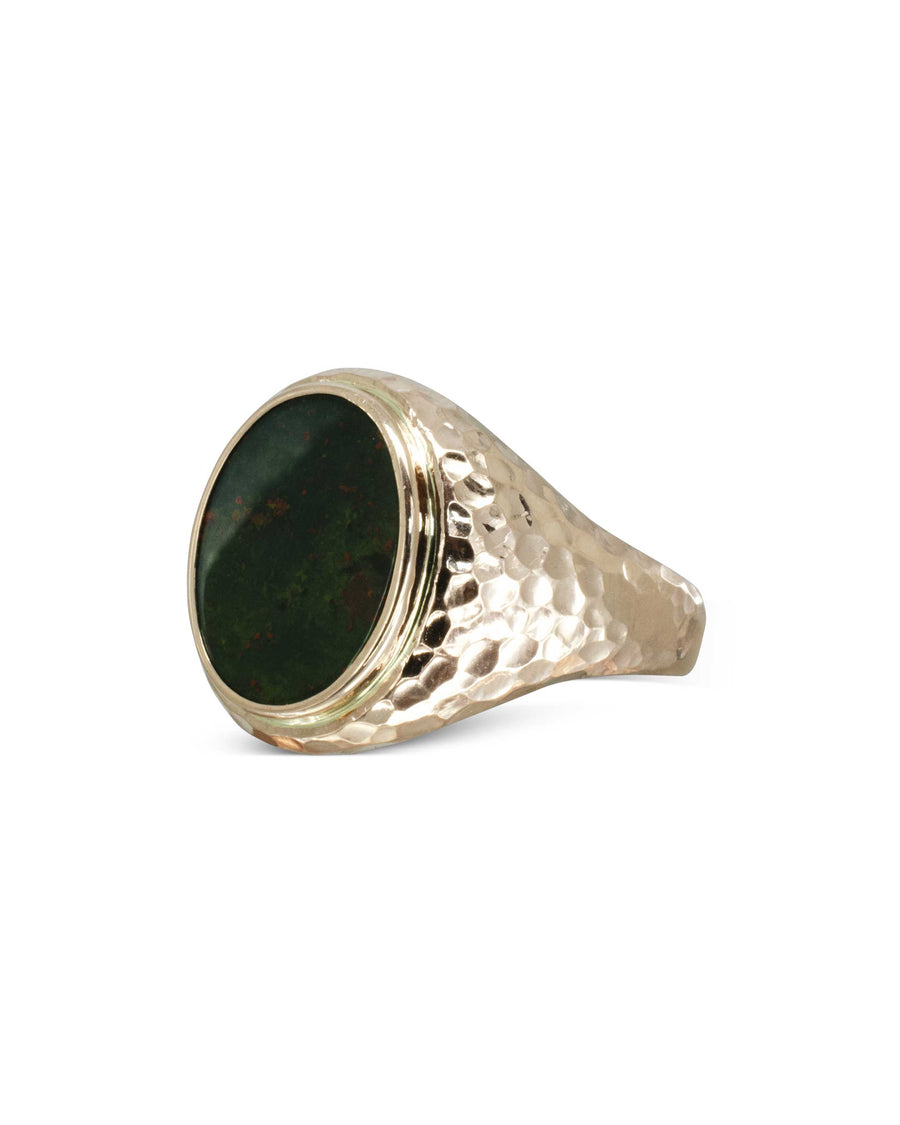 Hammered rose gold signet ring featuring an oval bloodstone gemstone.