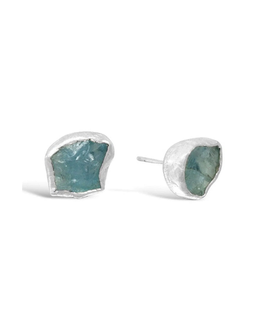 Silver stud earrings with rough cut blue-green gemstone chunks.