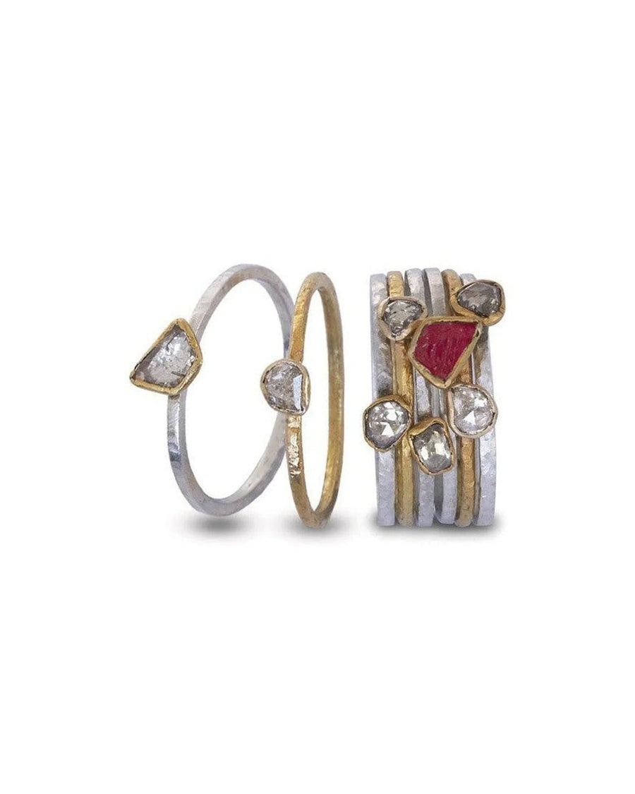 Rough cut ruby stacking ring set with organic gold and silver bands and raw diamonds