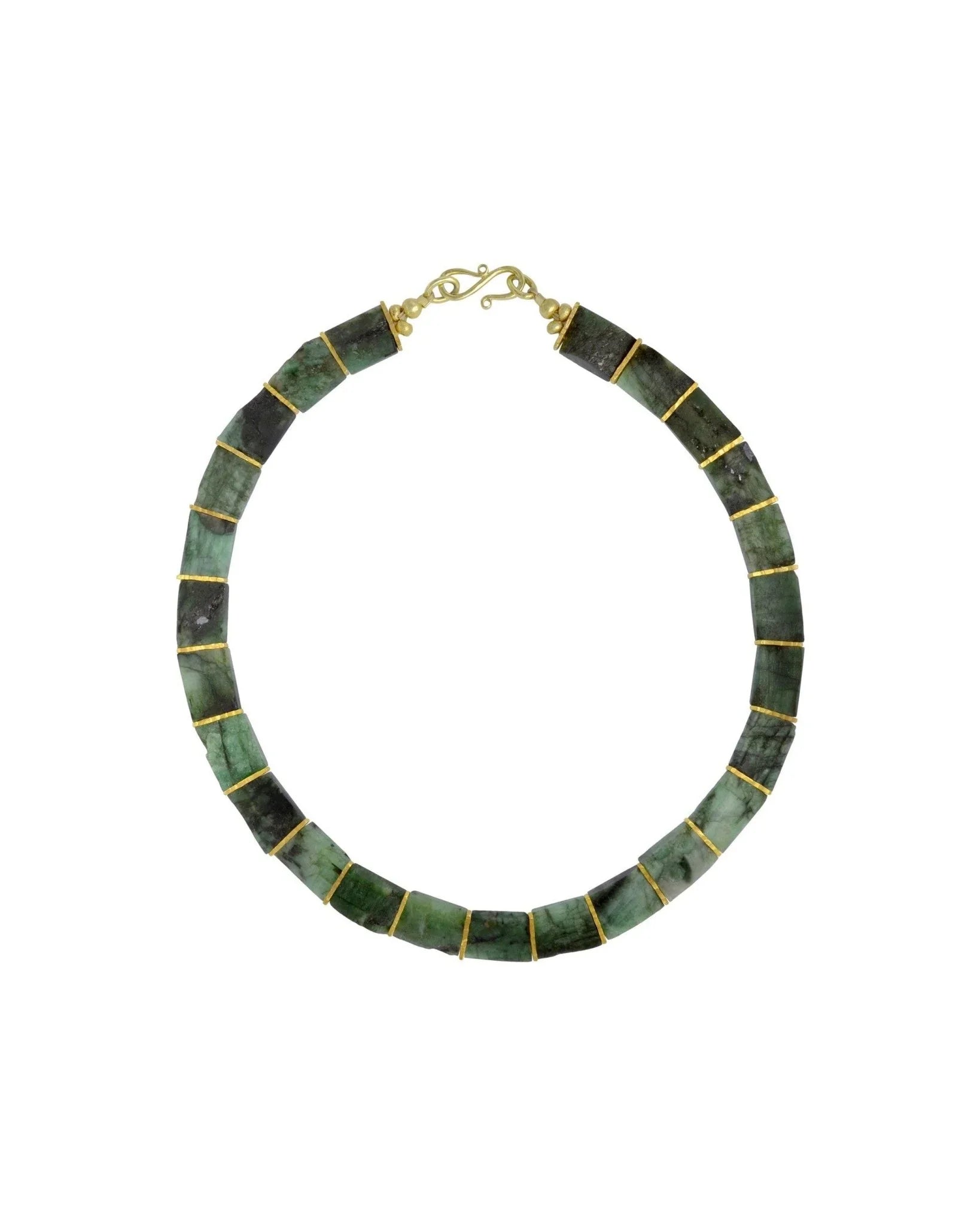 Chunky rough emerald collar necklace with square green stones and gold accents
