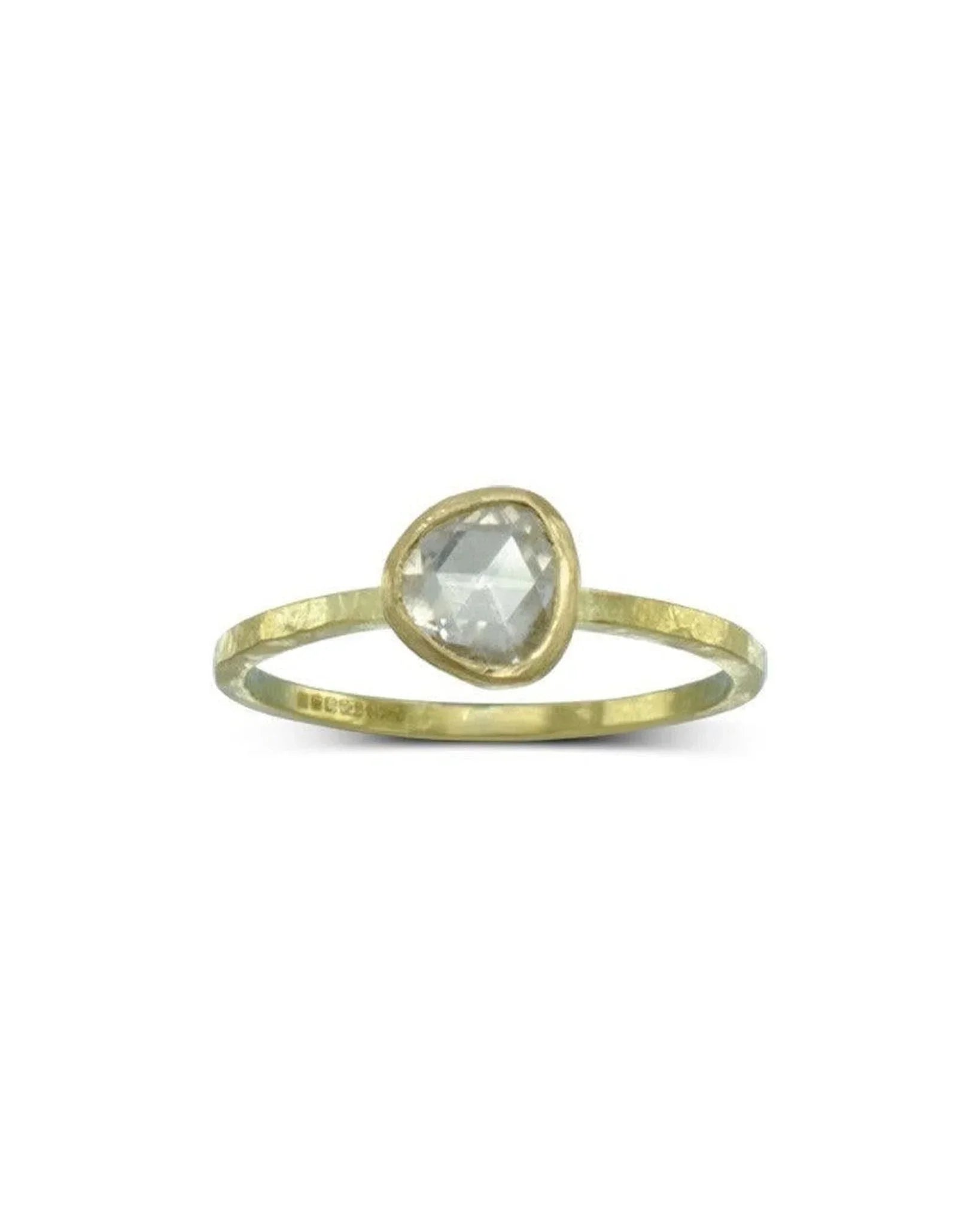 Handmade gold ring with rough hammered band and rose cut diamond