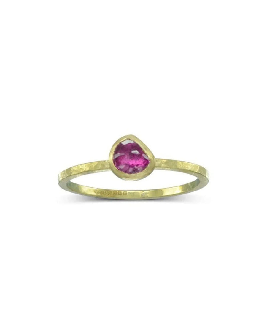 hammered gold stacking ring with rose cut ruby gemstone on white background