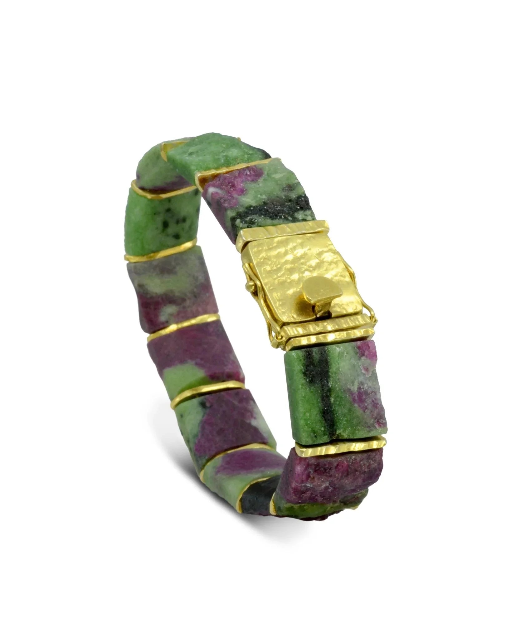 Chunky rough ruby zoisite bracelet with gold textured clasp, green and purple stones