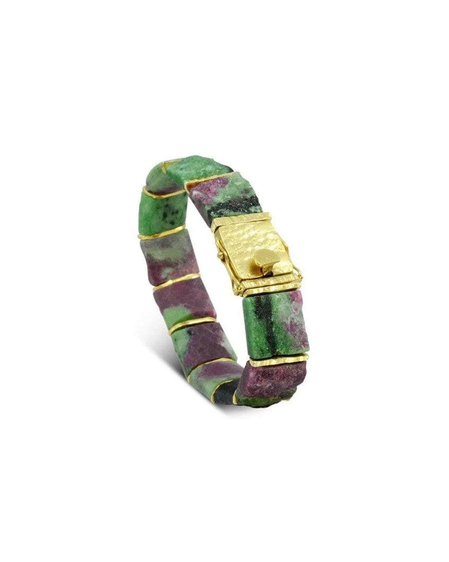 Rough ruby zoisite bracelet with green and purple stones and gold clasp, handmade jewelry