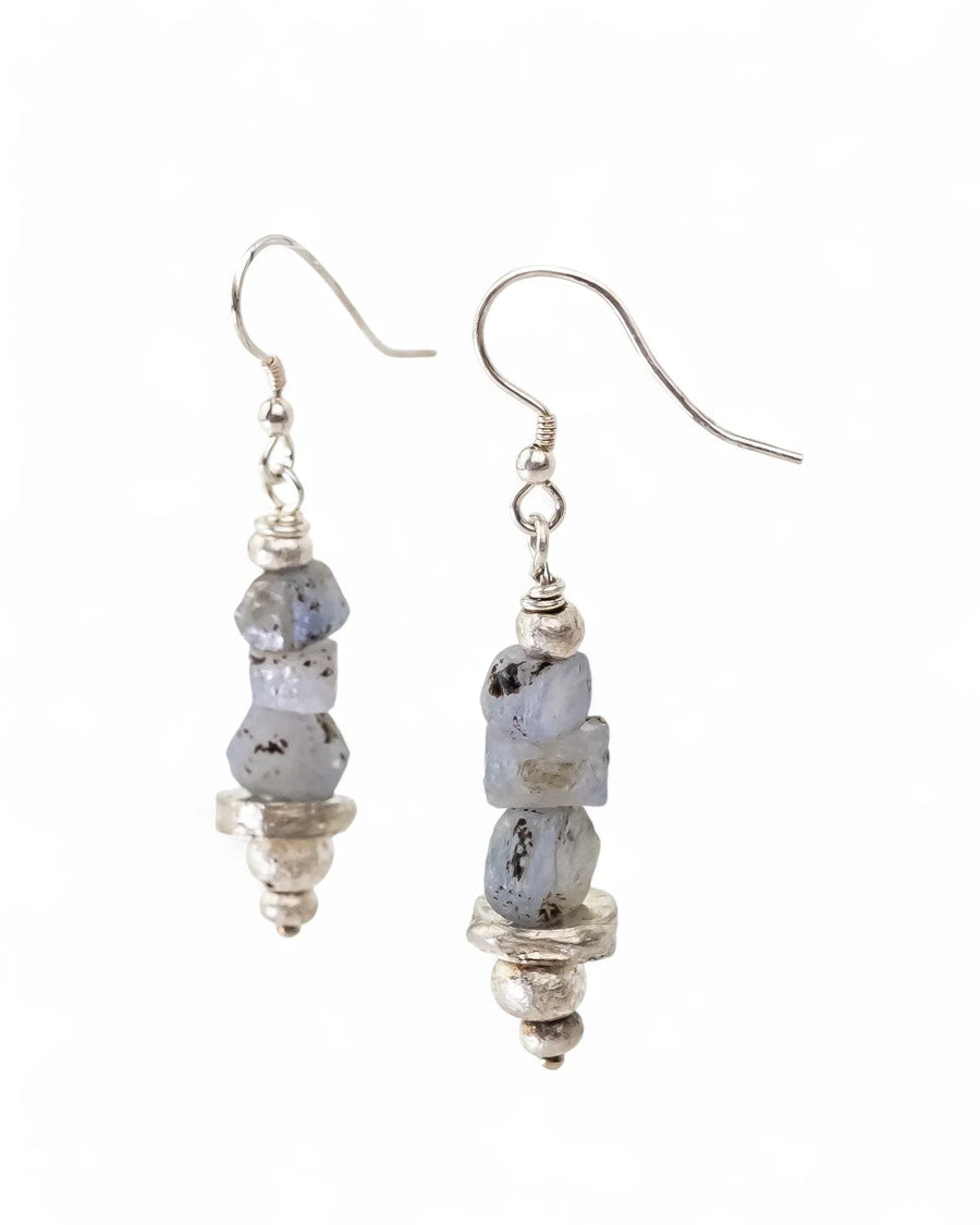 Rough sapphire silver dangle earrings with stacked blue-grey stones.
