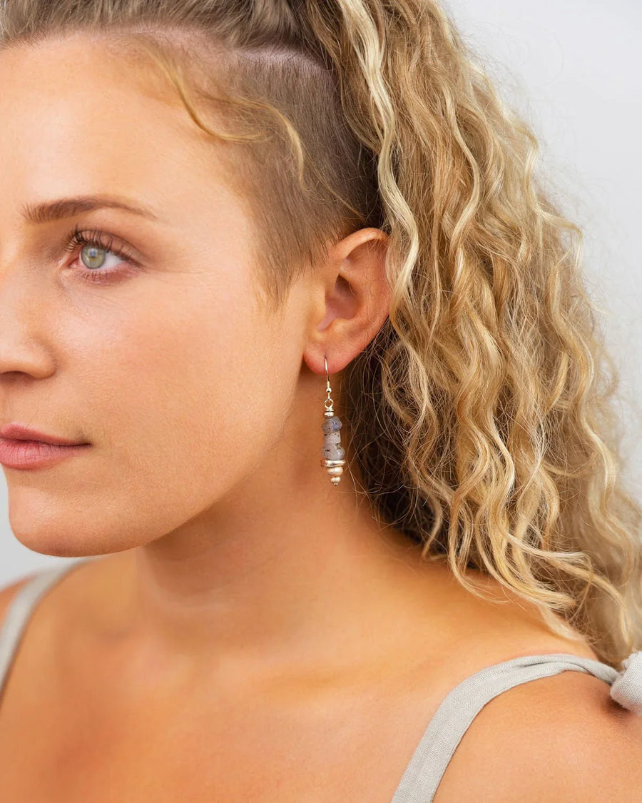 Silver drop earrings with rough sapphire beads and gold accents.