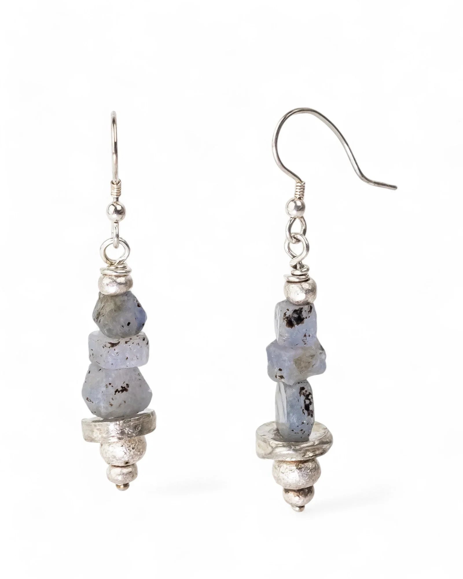Rough Sapphire with Silver Hammered Discs Dangly Earrings Earrings Pruden and Smith