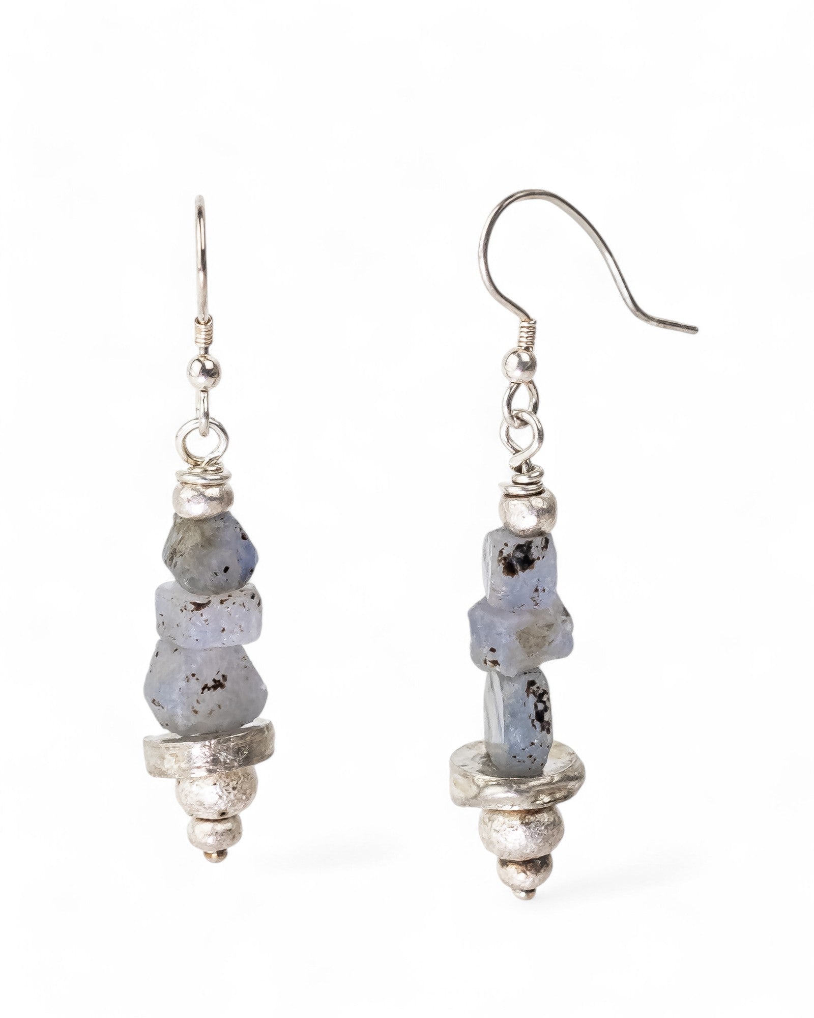 Rough Sapphire with Silver Hammered Discs Dangly Earrings Earrings Pruden and Smith
