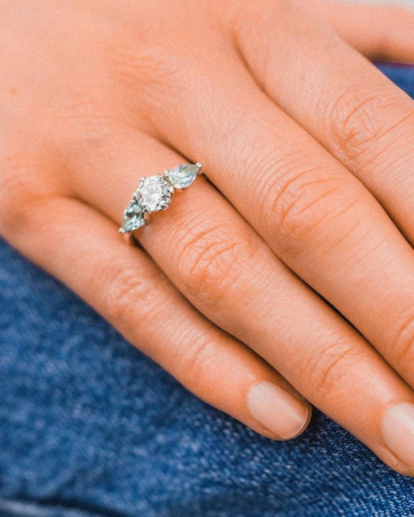 Round Brilliant and Pear Cut Diamond Trilogy Ring Ring Pruden and Smith