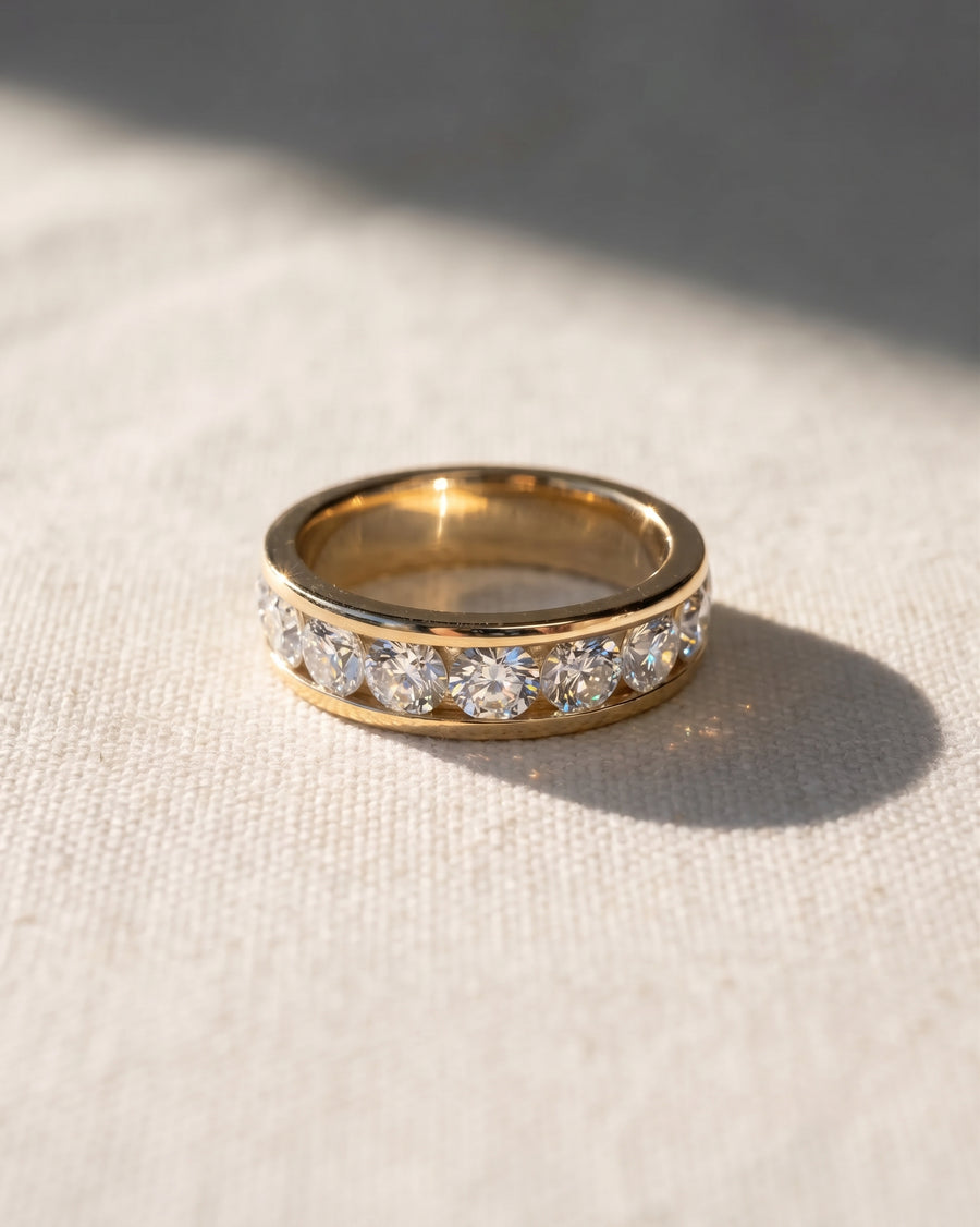 18ct yellow gold channel set diamond ring.