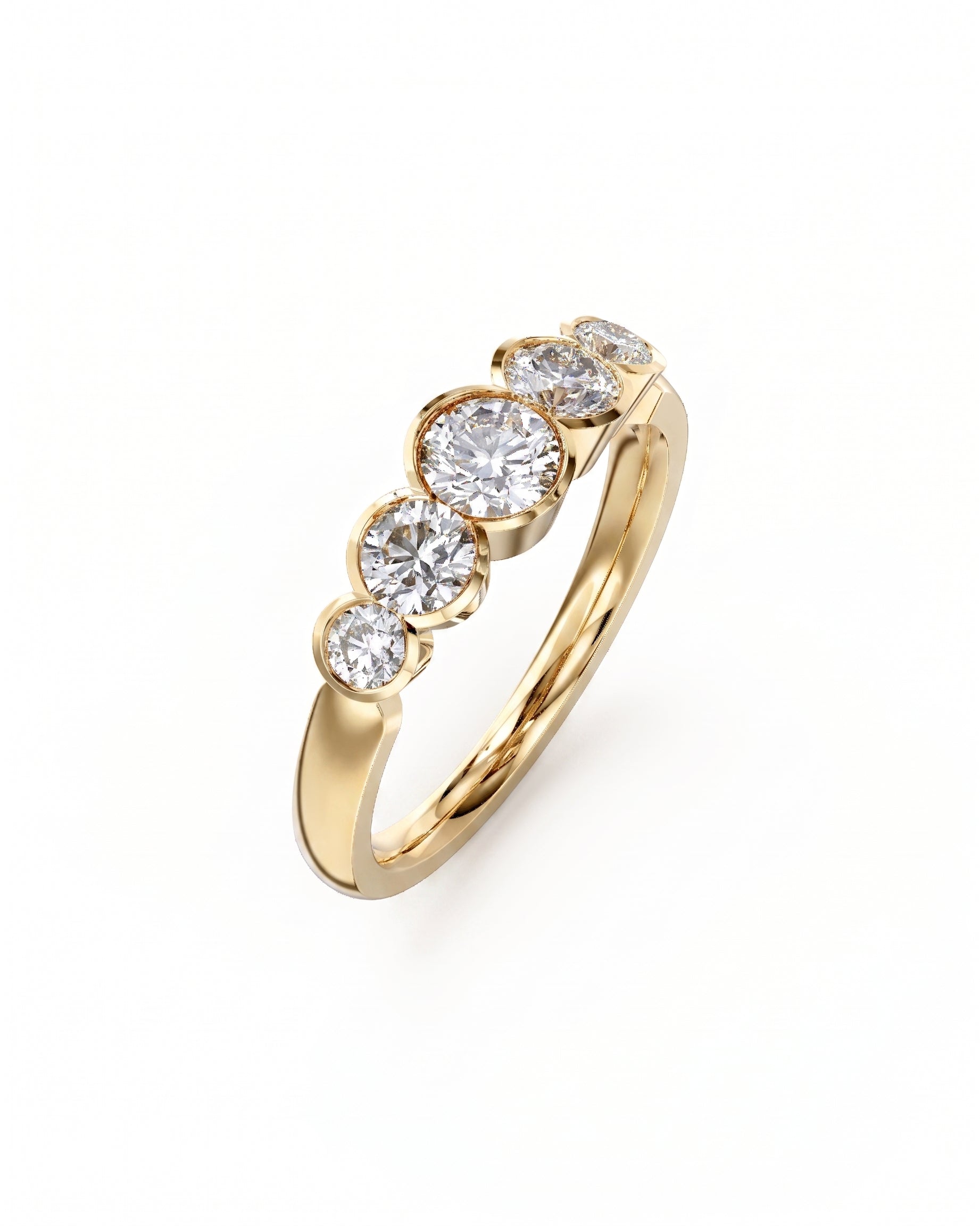 Gold band ring with five round cut diamonds.