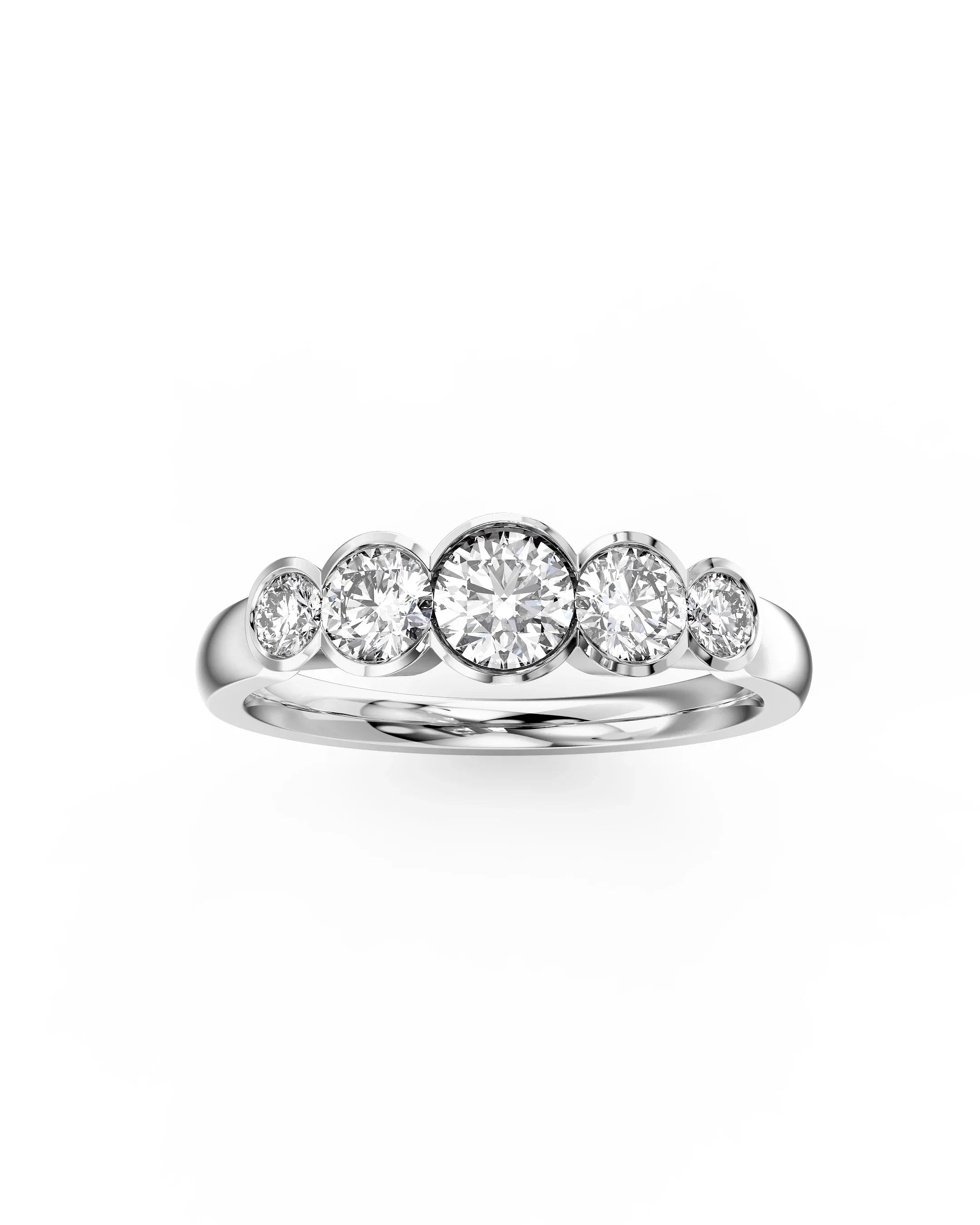 White gold five-stone diamond ring with round brilliant-cut stones, luxury handmade jewellery