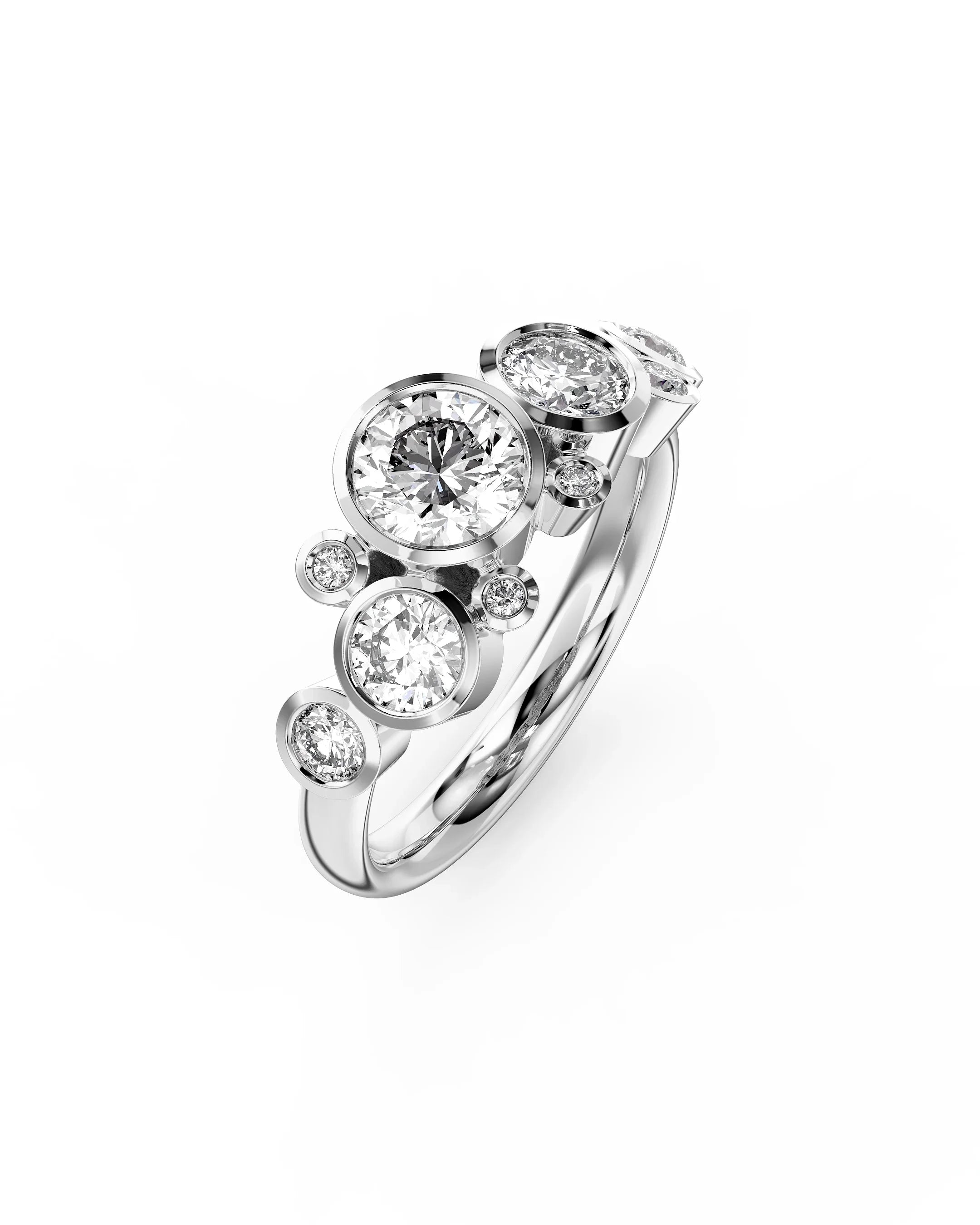 Platinum engagement ring with round cut lab grown diamonds in a bubble design.