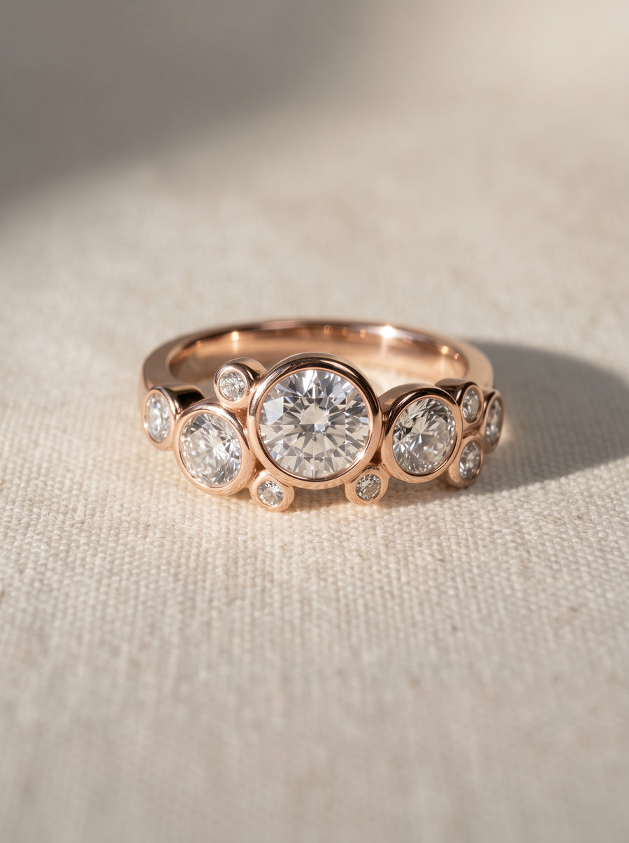 Rose gold engagement ring featuring multiple round cut diamonds in a bezel-set bubble cluster design.