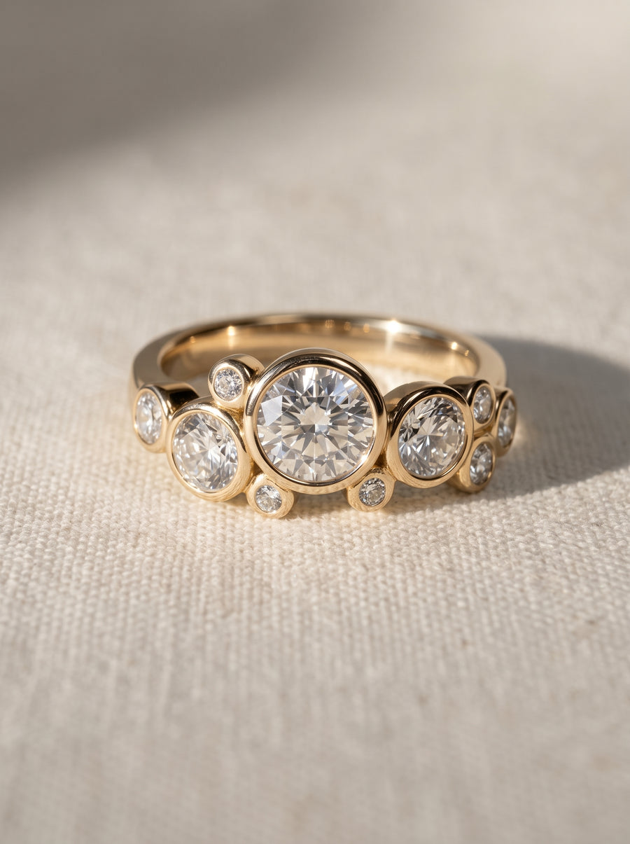 Gold engagement ring featuring multiple round-cut diamonds in a bezel-set bubble cluster design.