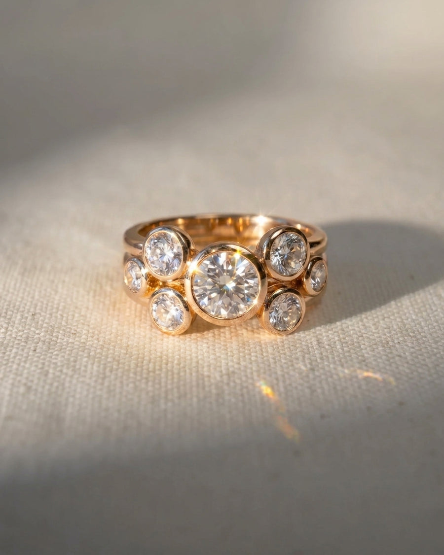Rose gold stacking ring with round cut diamonds in bezel settings.
