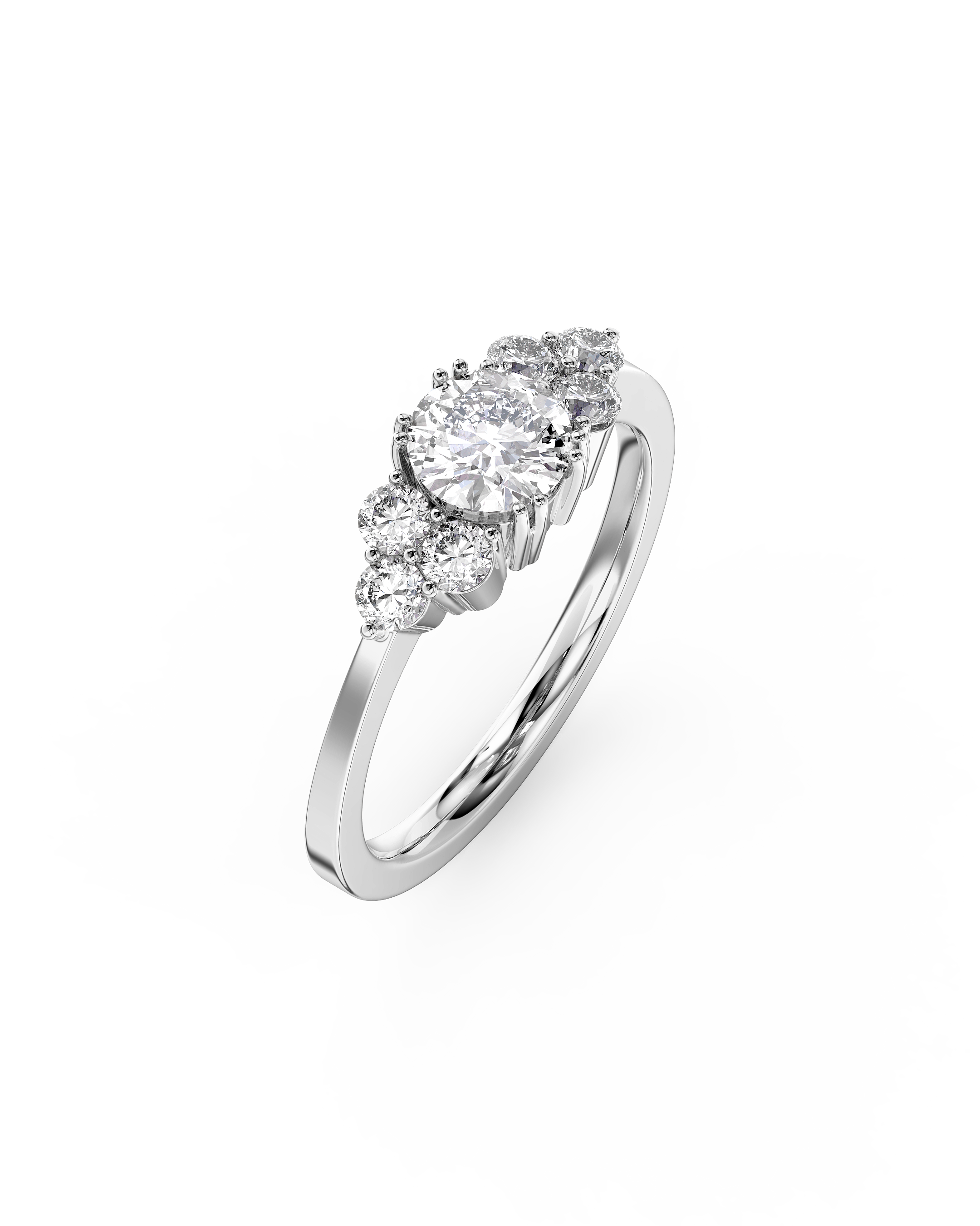 Silver round cut trefoil claw engagement ring with diamonds.