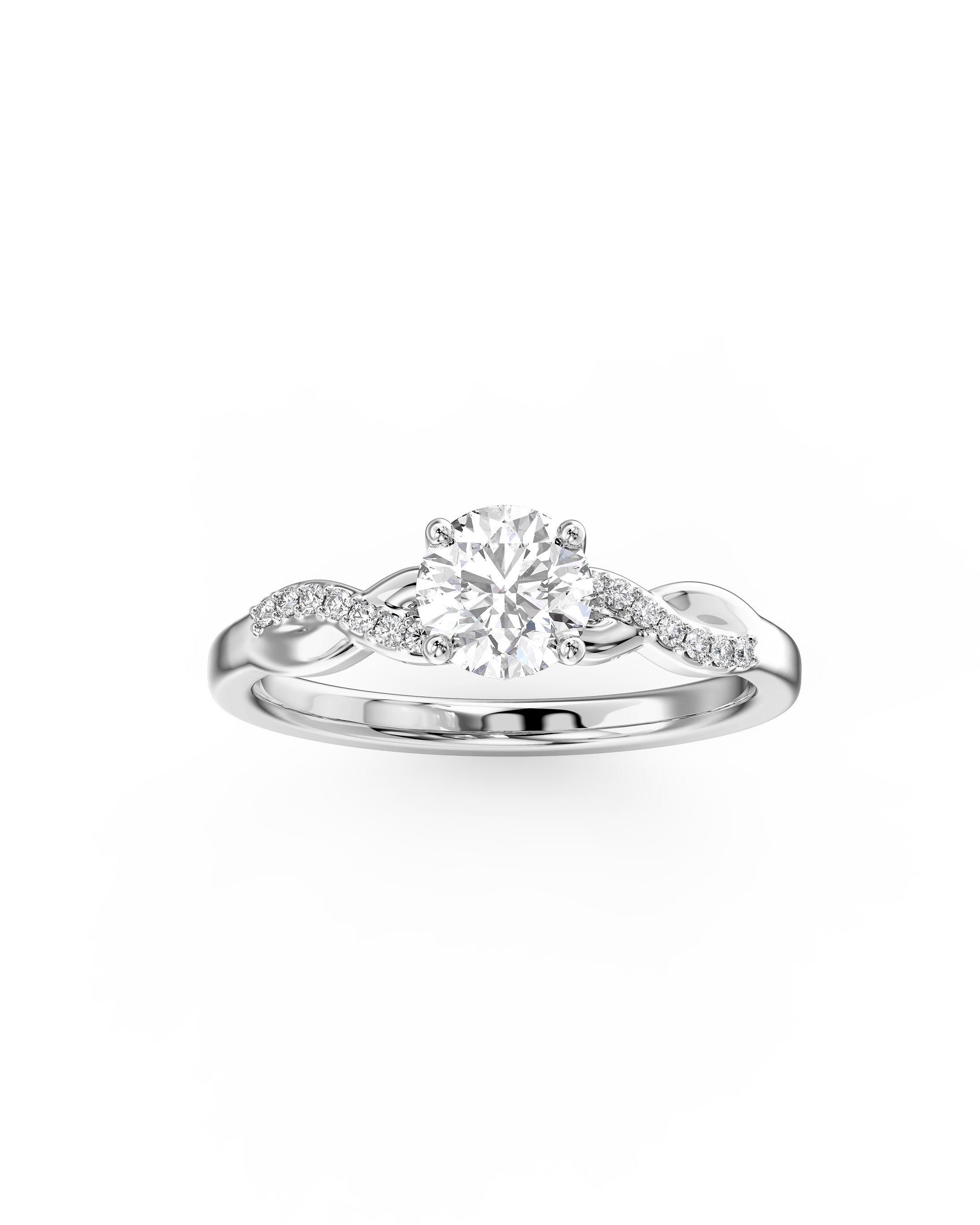 Silver round cut engagement ring with a twist claw setting and pave diamonds.
