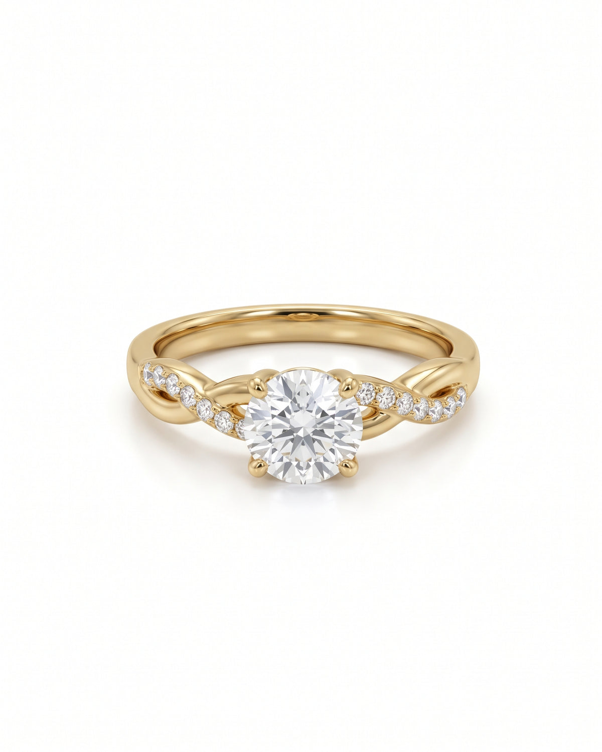 Round cut diamond engagement ring in 9ct yellow gold with a twisted band and claw setting.